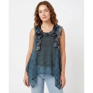NWT Vintage Evelyn & Arthur Blue Crochet Ruffle Arty Wool Blend Tunic Large Boho
